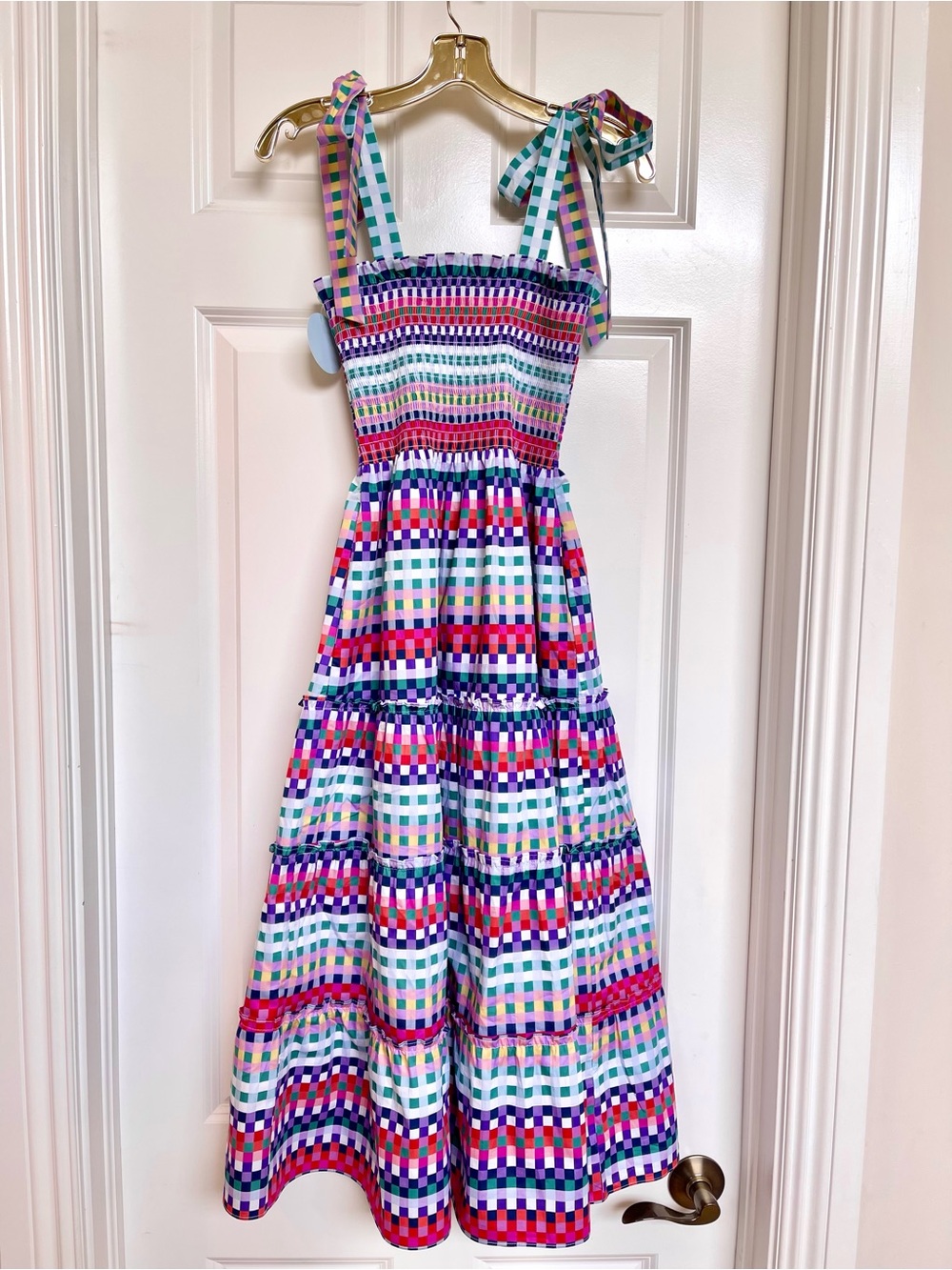 Multicolor Check Midi Dress with Tie Straps